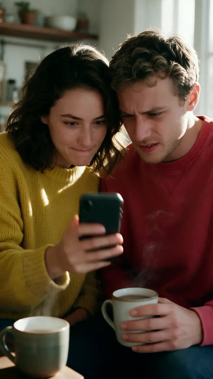 Standbild aus dem 4-Gewinnt-Werbevideo: zwei Personen sitzen mit Kaffee auf dem Sofa und schauen gemeinsam auf ein Smartphone